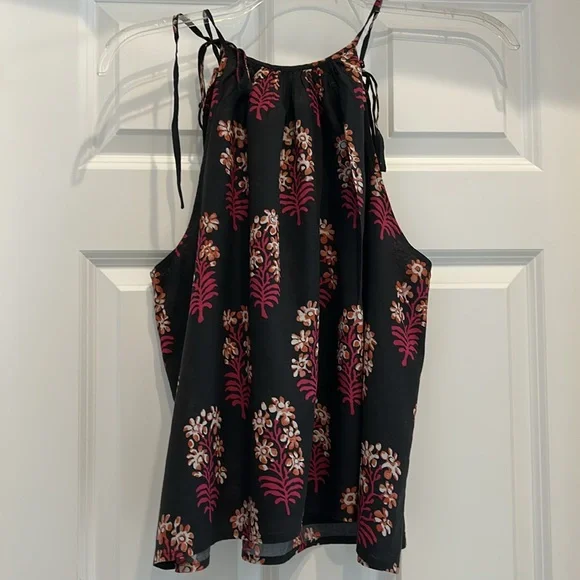 J. CREW NWT Tie-shoulder tank top in black block-print cotton voile size L - Picture 3 of 7
